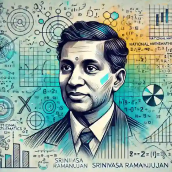 Thumbnail for National Mathematics Day article, featuring Srinivasa Ramanujan with mathematical symbols and vibrant colors